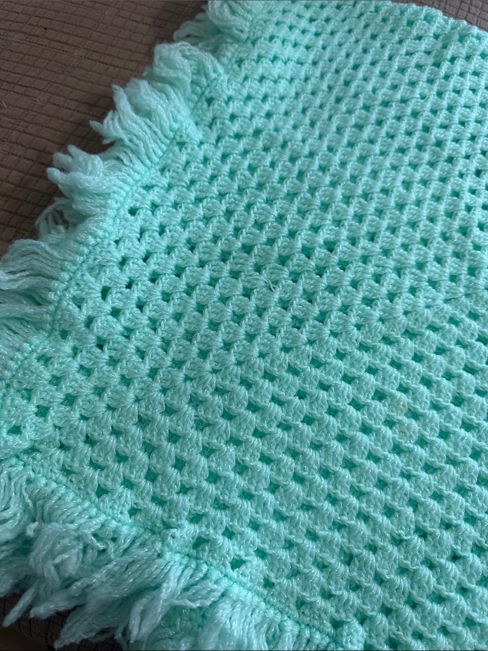 Handmade Mint Green Crochet Baby Blanket or Throw with Fringe